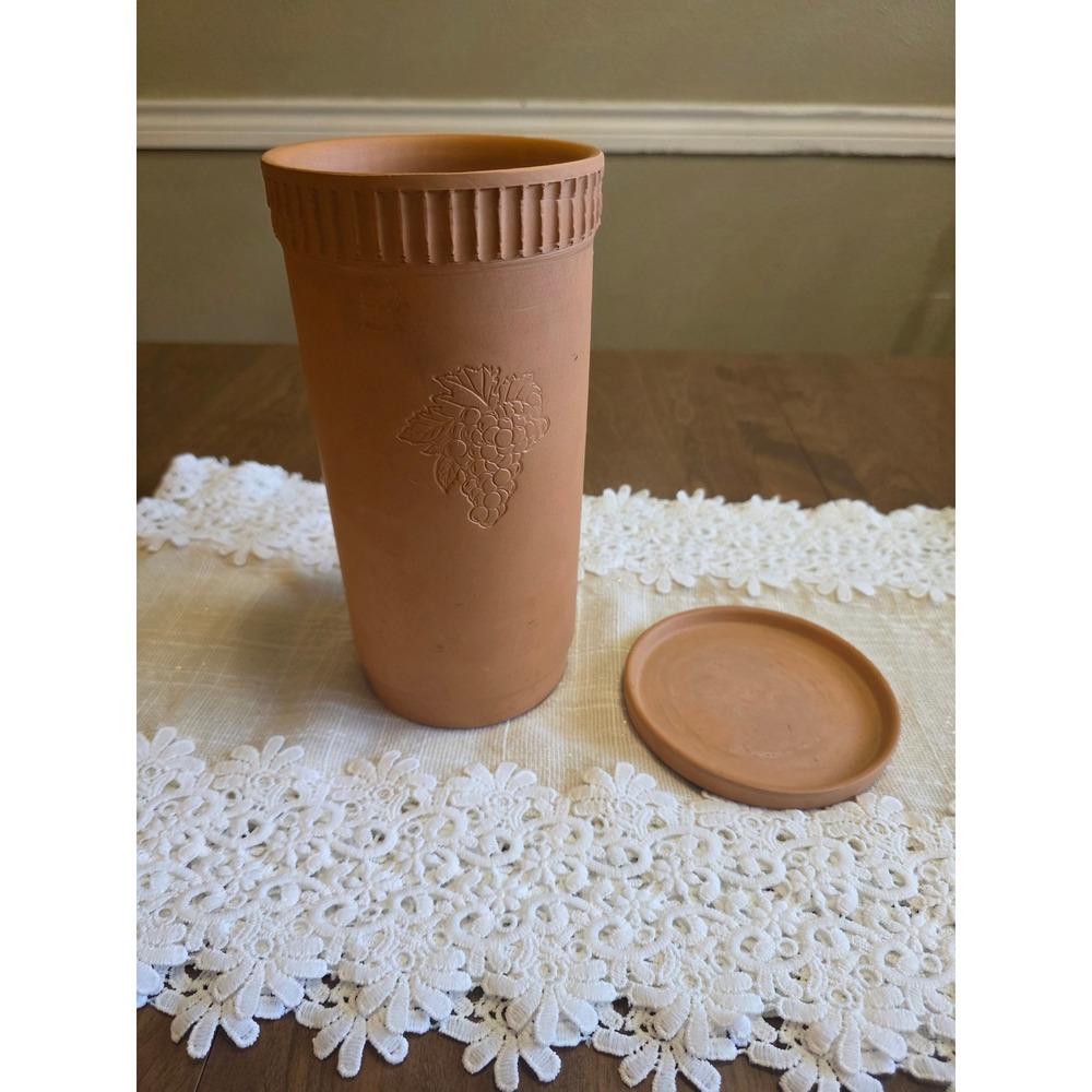 Vintage Italian Terracotta Wine Cooler Chiller with Saucer Embossed Grapes 9.5"